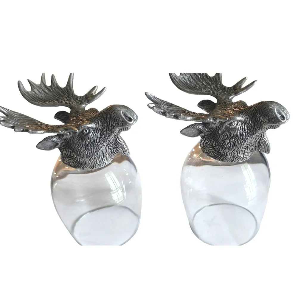 Shot Glass Set Moose Head Pewter Base Cabin Decor Silver Clear